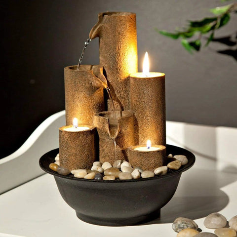 Indoor Tabletop Tiered Water Fountain With 3 Candles, 11 Inch Brown, Cozy Desk Setup Water Feature For Desk, Office Or Bedroom