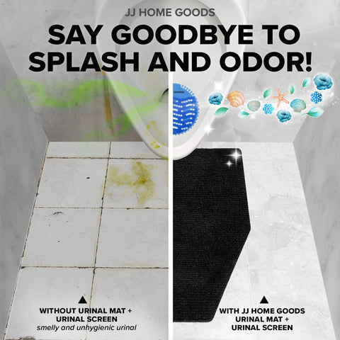 10 Pack Urinal Mats With Urinal Screen Deodorizer For Men Non Slip Absorbent Floor Pads in commercial restroom before and after