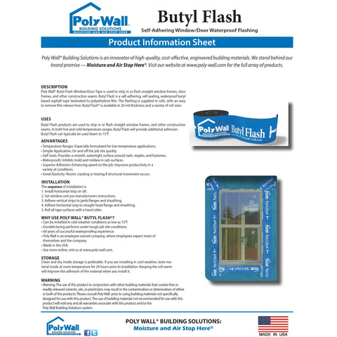 Product information sheet for Beefy Butyl Window Flashing Tape 4 Inch By 100 Foot Waterproof Self Adhering Self Sealing Weatherproof