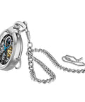 Automatic Skeleton Pocket Watch For Men With Stainless Steel Chain Dual Time AM PM Sun Moon Subdial And Mechanical Movement