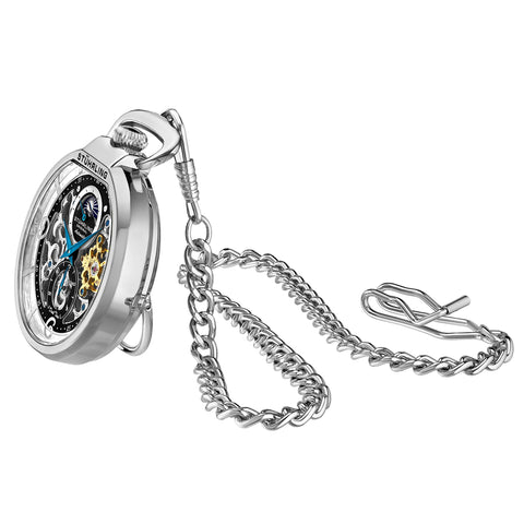 Automatic Skeleton Pocket Watch For Men With Stainless Steel Chain Dual Time AM PM Sun Moon Subdial And Mechanical Movement