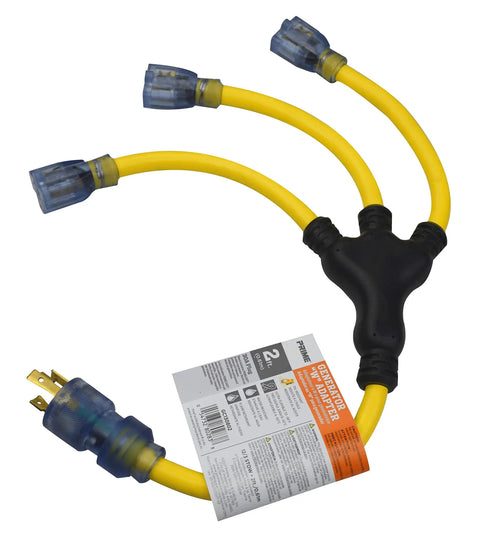 Heavy Duty Yellow Line Stow Adapter 30 Amp 2 Foot 12/3 AWG Extension Cord Double Jacketed with three outlets, ideal for construction.