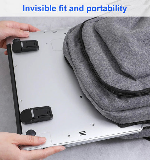 Two Pack Keyboard Riser With Dual Tilt Angles, Portable Foldable Keyboard Feet attached to laptop for travel ease.