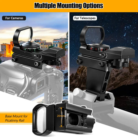 Red Dot Finderscope for Telescope Deluxe Viewfinder with Dovetail Bracket mounted on camera and telescope, dual mounting options.