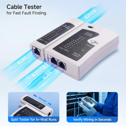 Cable tester from 7-In-1 Pro Grade Network Tool Kit for Fast DIYer Ethernet Builds, showing ports for RJ45 and RJ11/12 cables.