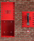 Heavy Duty Lockout Tagout Box for Group Lockout, 12 Padlock Capacity, Industrial Grade Steel, Red Portable LOTO Lock Box shown front and side