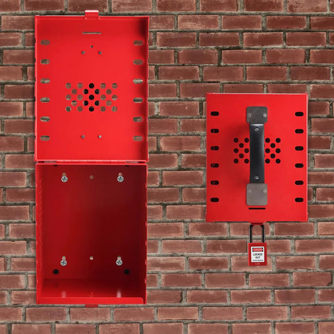 Heavy Duty Lockout Tagout Box for Group Lockout, 12 Padlock Capacity, Industrial Grade Steel, Red Portable LOTO Lock Box shown front and side