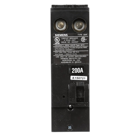 Front view of Beefy 200 Amp 2 Pole 240 Volt Plug-In Circuit Breaker for Home Electrical Panels, showing 200A label and connectors.