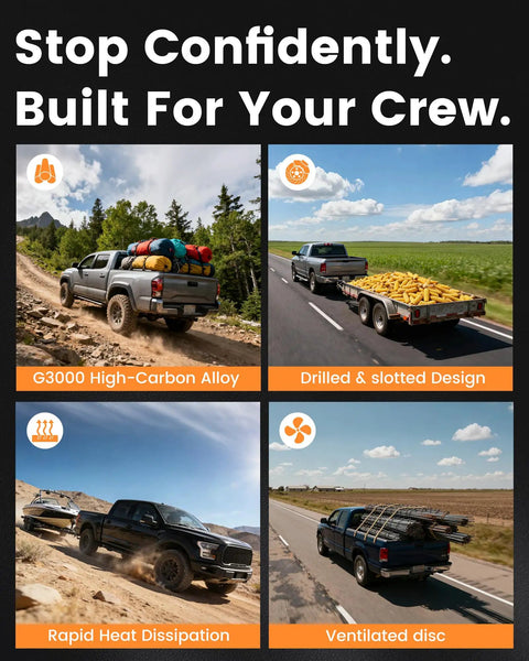 Image of trucks in different terrains showing strength with Beefy Front Brake Rotors Kit For Toyota Tacoma 2005 To 2023 6 Lug