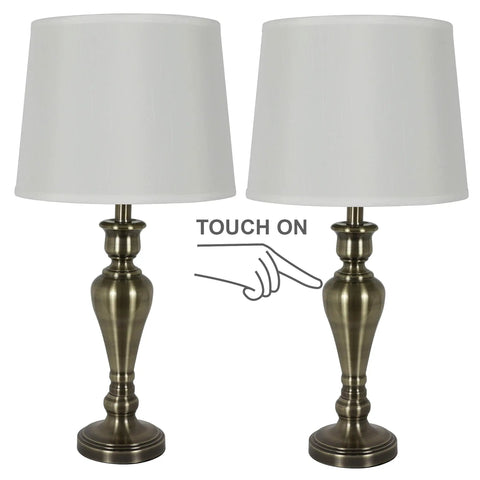 Two Pack Antique Brass Table Lamp Set Built Tough Metal Construction White Linen Hardback Shade And Touch Control Switch