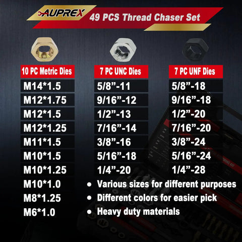 49 Piece Thread Chaser Set With Taps Dies And Thread Files For Re Threading UNC UNF And Metric Threads Pro Grade SAE Thread Repair Kit Includes Carry Case For Automotive Home Mechanic And Industrial Use, showcasing metric, UNC, and UNF dies.