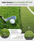 Dual Turf Golf Mat with Standing Guide Line and Swing Path for Indoor or Outdoor Use, 5x4ft showing rough and fairway surfaces
