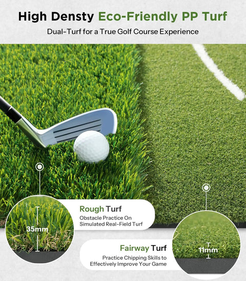 Dual Turf Golf Mat with Standing Guide Line and Swing Path for Indoor or Outdoor Use, 5x4ft showing rough and fairway surfaces