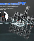 Built Like A Tank Solar Panel MC4 T Branch Connector 1 Male To 6 Female And 1 Female To 6 Male submerged in water showcasing IP67 waterproof rating.