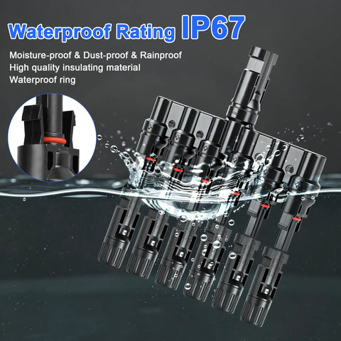 Built Like A Tank Solar Panel MC4 T Branch Connector 1 Male To 6 Female And 1 Female To 6 Male submerged in water showcasing IP67 waterproof rating.
