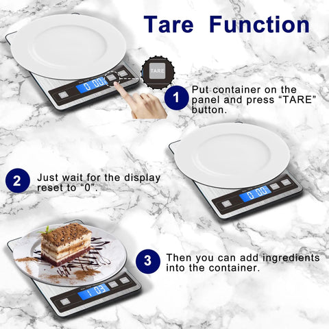 Tare function on 22 Pound Digital Kitchen Scale With Type C And Battery Dual Charging, Pro Grade 1g 0.1oz Precision, Waterproof LCD