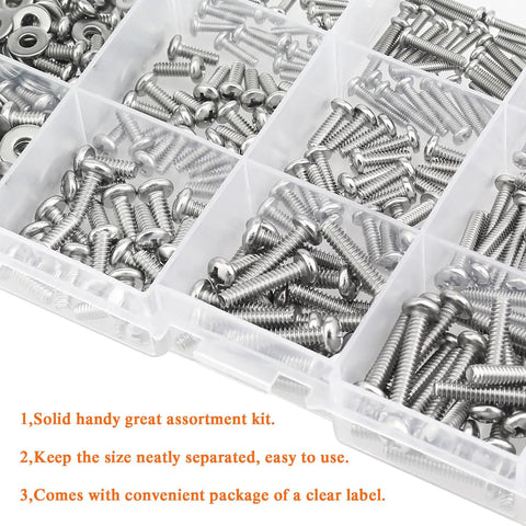 Heavy Duty Pro Grade 560 Piece Phillips Pan Head Machine Screw And Hex Nut Washer Assortment Kit showing organized stainless steel screws.