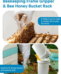 Gloved hand using frame gripper and worker emptying 5-gallon bucket from All In One Honey Extractor Kit And Harvest Gear For Easy Harvesting