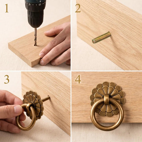 Installation steps for Six Piece Antique Brass Cabinet Ring Pulls Bringing A Flat Out Vintage Drop Ring Vibe To Your Kitchen Cabinets Ideal For Fast Furniture Refreshes And Smooth Daily Access.