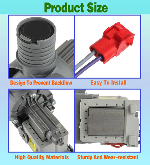 Upgraded Washer Drain Pump Assembly WH11X34742 For Frigidaire FFTW4120SW Washing Machine Heavy Duty Replacement Motor Easy Install Quiet Drain Function Built To Fit Frigidaire Models And Restore Efficient Water Removal. gray pump close-up with red connector, wire harness, and motor housing