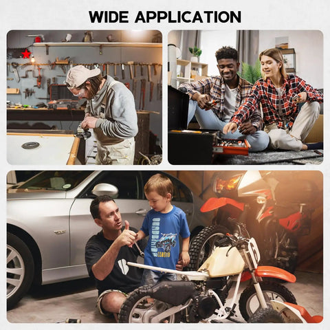 Collage showing a garage workshop setting, living room DIY project, and father-son motorcycle repair, highlighting wide application.