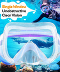 Dry Top Kids Snorkel Set With Anti-Fog Panoramic Mask And Anti-Leak Design for Ages 4-16, underwater scene with kid and fish