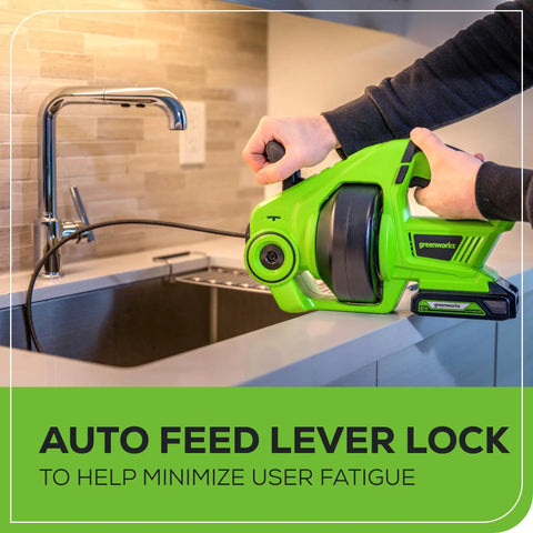 Cordless 24V Drain Auger Snake Busts Clogs Fast For Sinks Showers Toilets 23 Foot Cable 560 RPM in use at kitchen sink