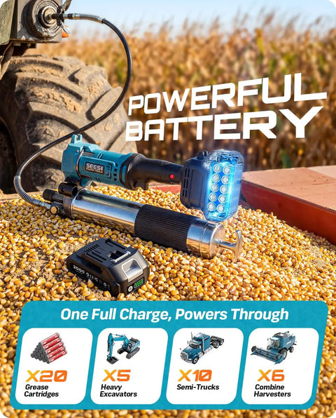 Cordless Electric Grease Gun Kit With 10000 PSI Output Quick Release Coupler 39.4 Inch Flex Hose Dual Batteries on ground