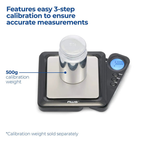 Blade Series Pocket Gram Scale 1000g x 0.1g With Precision 0.1g Accuracy showing 500g calibration weight on LCD.