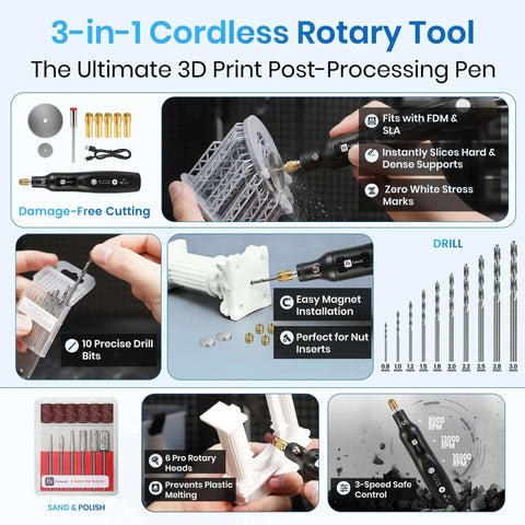 3-in-1 cordless rotary tool for 3D print post-processing with Pro Grade 142-Piece 3D Printer Tool Kit, showing drill bits and accessory uses.