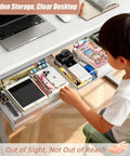 3 Pack Clear Under Desk Slide Out Organizers With Dual Adhesive Or Screw Mount Installation Sliding Into Tight Gaps To Declutter Fast And Make Your Home Office Desk Setup A Legit Game Changer, with an organized drawer under a desk.