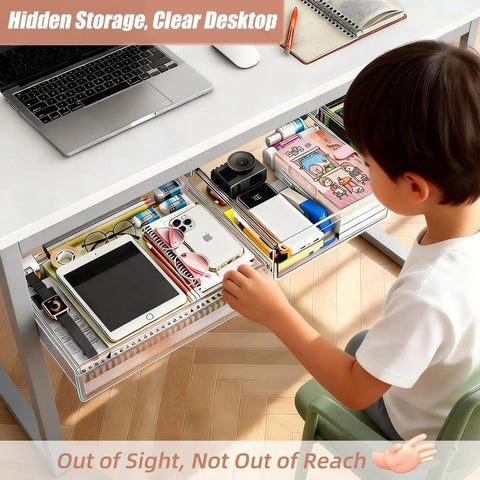 3 Pack Clear Under Desk Slide Out Organizers With Dual Adhesive Or Screw Mount Installation Sliding Into Tight Gaps To Declutter Fast And Make Your Home Office Desk Setup A Legit Game Changer, with an organized drawer under a desk.