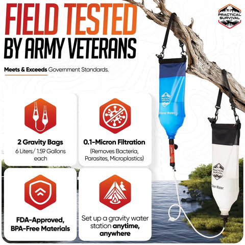 High Capacity Portable Water Filtration System With Two Lightweight Hanging Bags For Backpacking, Camping, Hiking, Survival And Hunting, Converts Dirty Water To Clean Water And Includes Filter And Cleaning Plunger hanging from tree