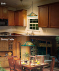 Tiffany Style Pendant Light Fixture 16 Inch Wide Adjustable Height Amber Green Stained Glass Chandelier in kitchen and dining room.