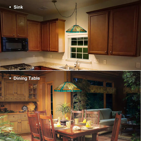 Tiffany Style Pendant Light Fixture 16 Inch Wide Adjustable Height Amber Green Stained Glass Chandelier in kitchen and dining room.