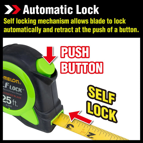 Self Locking 25 Foot Power Tape Measure With Nylon Coated Blade, Impact Resistant ABS Case, highlighting push button