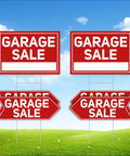Six Pack Garage Sale Signs With Stakes Set Includes Two Large 17x12 Signs And Four Arrow 17x6 Signs, Metal Stakes, Double Sided Waterproof Design, Yard Sale Supplies For Maximum Visibility And Easy Customer Turnout. red garage sale signs with metal stakes on grass