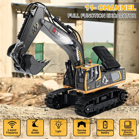 11 Channel Remote Control Excavator Toy For Boys With Lights And Dual Batteries Included on construction site