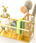 Gold Stainless Steel Kitchen Sink Caddy Organizer With Auto Drain Sponge Holder And Brush Stand Rustproof Countertop Soap Dispenser Rack Keeps Counter Clutter Free Looking Slick Total Game Changer For Daily Routines with cleaning supplies.