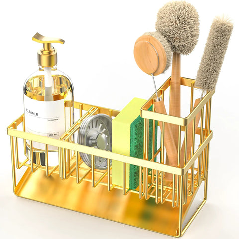 Gold Stainless Steel Kitchen Sink Caddy Organizer With Auto Drain Sponge Holder And Brush Stand Rustproof Countertop Soap Dispenser Rack Keeps Counter Clutter Free Looking Slick Total Game Changer For Daily Routines with cleaning supplies.
