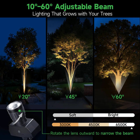 Outdoor Solar Spotlight 4 Pack With Adjustable Beams From 10 To 60 Degrees showing lighting angles on tree at night.