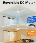 Stylish 52 Inch White Ceiling Fan With Three Blades And Built In Light Featuring Slick Finish Hella Powerful Airflow Quiet Operation Remote Control For Cool Living Space Vibes demonstrating reversible DC motor airflow diagrams for summer and winter modes.