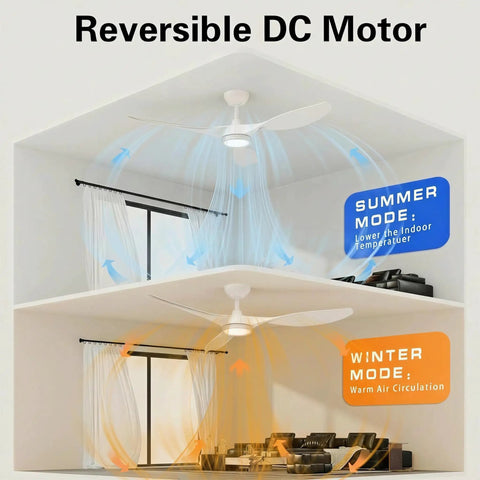 Stylish 52 Inch White Ceiling Fan With Three Blades And Built In Light Featuring Slick Finish Hella Powerful Airflow Quiet Operation Remote Control For Cool Living Space Vibes demonstrating reversible DC motor airflow diagrams for summer and winter modes.
