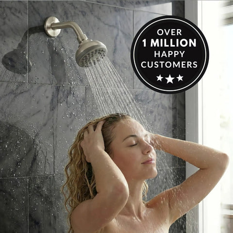 Woman using Beast Mode Water Pressure Shower Head With 3 Inch Spray Face Wall Mount Water Saving Low Flow Design Anti Clog Nozzles