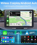 Plug and Play Wireless CarPlay Car Stereo Road Trip Ready with 7 Inch HD Touchscreen displaying GPS navigation.