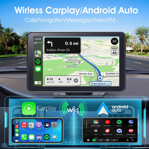 Plug and Play Wireless CarPlay Car Stereo Road Trip Ready with 7 Inch HD Touchscreen displaying GPS navigation.