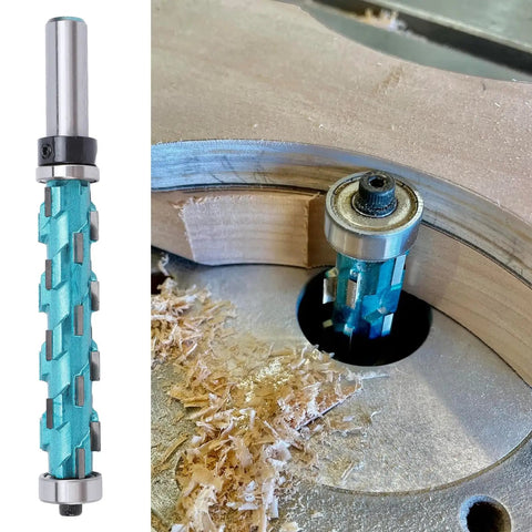 Rock Solid Flush Trim Spiral Carbide Router Bit For Woodworking Pros That Cuts Clean Through Plywood And Hardwood Fast Without Splintering in use on wood.