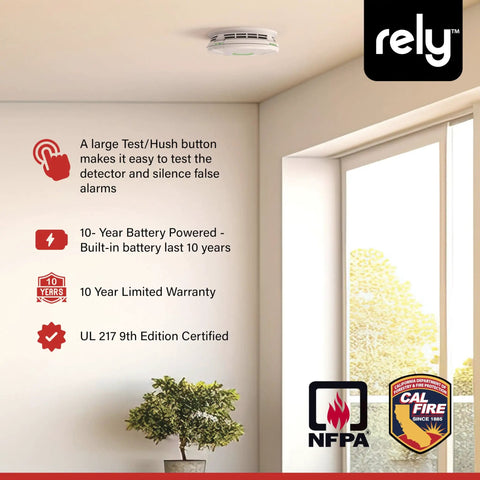 10 Year Sealed Battery Smoke Alarm With RealAlerts Voice Guidance And LED Status Ring installed on ceiling in modern living room