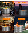 Huge 48 Inch Fire Pit Ring For Outdoor Wood Burning in backyard, beach, campsite, and garden settings with bright flames.