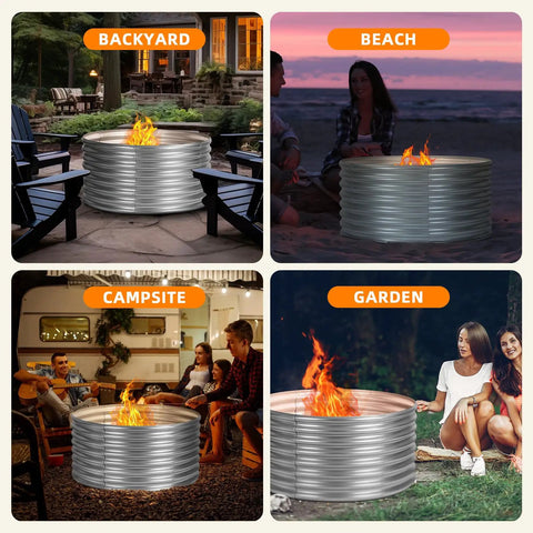 Huge 48 Inch Fire Pit Ring For Outdoor Wood Burning in backyard, beach, campsite, and garden settings with bright flames.